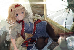 Rule 34 | 1girl, alice margatroid, artist name, black pantyhose, blonde hair, blue dress, blue eyes, book, boots, brown footwear, capelet, commentary request, cross-laced footwear, drawer, dress, feet out of frame, grimoire of alice, hairband, knee boots, lace-up boots, mochacot, pantyhose, parted lips, partial commentary, puffy short sleeves, puffy sleeves, red hairband, shirt, short dress, short hair, short sleeves, solo, thighs, touhou, white capelet, white shirt