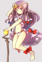 Rule 34 | 1girl, adapted costume, ankle ribbon, barefoot, bow, cane, circlet, crescent, crescent hair ornament, female focus, full body, hair ornament, hair ribbon, leg ribbon, long hair, mushiboy, navel, panties, patchouli knowledge, purple eyes, purple hair, ribbon, simple background, solo, touhou, underwear