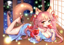 Rule 34 | 10s, 1girl, animal ears, ass, breasts, cleavage, eating, fang, fate/extra, fate/grand order, fate (series), food, fox ears, fox tail, full moon, japanese clothes, large breasts, long hair, looking at viewer, luobo1220, lying, moon, nature, night, on stomach, open mouth, pink hair, solo, tail, tamamo (fate), tamamo no mae (fate/extra), tree, tree shade, twintails, water, yellow eyes