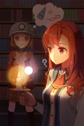 Rule 34 | 2girls, ?, black legwear, book, bookshelf, brooch, candle, darkness, drill, drill hair, flashlight, gilse, glasses, helmet, holding, jewelry, lowres, lucca (sword girls), multiple girls, open mouth, plaid, plaid skirt, red eyes, red hair, ribbon, short hair, skirt, sword girls, thighhighs, thought bubble, vernika answer