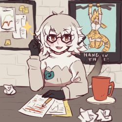 Rule 34 | 2girls, bow, bowtie, brown eyes, commentary, cup, desk, english commentary, glasses, grading, graph, grey hair, grey sweater, highres, japari symbol, kemono friends, kemono friends 3, looking at viewer, meerkat (kemono friends), meerkat ears, meerkat tail, mug, multiple girls, papers, pencil, print bow, print bowtie, serval (kemono friends), serval print, smile, striped tail, sweater, tail, tail wagging, tateoftot, tired, two-tone bowtie, white bow, white bowtie