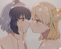 Rule 34 | 2girls, animal ear fluff, animal ears, black hair, blonde hair, brown eyes, commentary request, common raccoon (kemono friends), eye contact, fennec (kemono friends), fox ears, grey background, hands on another&#039;s face, imminent kiss, kemono friends, light blush, looking at another, medium hair, multicolored hair, multiple girls, nude, parted lips, profile, raccoon ears, short hair, silver hair, simple background, suicchonsuisui, two-tone hair, upper body, yuri