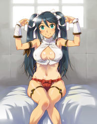 Rule 34 | 1girl, black hair, blue hair, bow, breasts, covered erect nipples, green eyes, hair bow, hair ribbon, halterneck, halterneck, isuzu (kancolle), kantai collection, large breasts, long hair, looking at viewer, navel, ribbon, sameha ikuya, sitting, smile, solo, swimsuit, tile wall, tiles, twintails