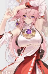 Rule 34 | 1girl, absurdres, animal ears, arm up, armpits, bare shoulders, blush, breasts, commentary request, fox ears, genshin impact, hand up, highres, large breasts, long hair, looking at viewer, nontraditional miko, pink hair, purple eyes, red skirt, shedar, shirt, skirt, smile, solo, upper body, very long hair, white shirt, yae miko