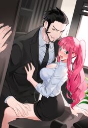 Rule 34 | 1boy, 1girl, black eyes, black suit, collared shirt, desk, dracule mihawk, drill hair, formal, hand on another&#039;s chest, hand on another&#039;s thigh, hetero, joman, long hair, necktie, office lady, on desk, one piece, pencil skirt, perona, pink hair, shirt, sitting, on desk, skirt, suit, white shirt