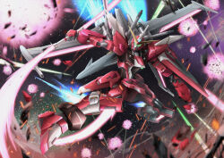 Rule 34 | absurdres, battle, beam saber, commentary, double-blade, energy blade, energy sword, exhaust, explosion, gundam, gundam seed, gundam seed freedom, highres, holding, holding sword, holding weapon, infinite justice gundam type ii, leg blade, light particles, mecha, mobile suit, no humans, robot, science fiction, solo, space, star (sky), sword, thrusters, troy (oxaa01ex), v-fin, weapon