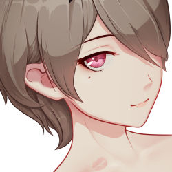 Rule 34 | 1girl, brown hair, close-up, closed mouth, colomar, hickey, highres, honkai (series), honkai impact 3rd, kiss, looking at viewer, mole, mole under eye, portrait, purple eyes, rita rossweisse, short hair, simple background, smile, solo, white background