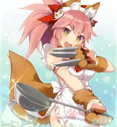 Rule 34 | 1girl, @ @, agsen, animal ears, bell, breasts, cleavage, collar, fangs, fate/grand order, fate (series), female focus, fox ears, fox tail, gradient background, hair ribbon, knife, large breasts, long hair, looking at viewer, neck bell, open mouth, pink hair, ribbon, solo, tail, tamamo (fate), tamamo cat (fate), tamamo cat (third ascension) (fate), tamamo no mae (fate/extra), yellow eyes
