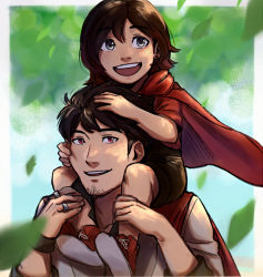 Rule 34 | 1boy, 1girl, aged down, black hair, brown hair, child, cloak, commentary, english commentary, grey eyes, hair between eyes, jewelry, multiple rings, naitourse, open mouth, qrow branwen, red eyes, ring, ruby rose, rwby, short hair, teeth
