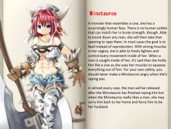 Rule 34 | 1girl, abs, axe, breasts, character profile, cleavage, earrings, female focus, gloves, horns, jewelry, minotaur, mon-musu quest!, monster girl, muscular, red hair, solo, tail, text focus, thighhighs, translated, weapon