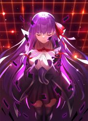 Rule 34 | 1girl, absurdres, bb (fate), bb (fate/extra), black skirt, black thighhighs, breasts, checkered background, closed eyes, digital dissolve, fate/extra, fate/extra ccc, fate (series), gloves, grid background, hair ribbon, highres, large breasts, long hair, own hands together, purple hair, ribbon, sano jinya, skirt, smile, thighhighs, very long hair, white gloves