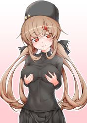 Rule 34 | 1girl, absurdres, black headwear, black sweater, blush, breasts, brown eyes, brown hair, covered collarbone, covered navel, hair ornament, hairclip, hand on own chest, highres, kantai collection, low twintails, medium breasts, oohashi yanta, sweater, tashkent (kancolle), twintails