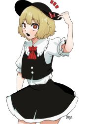Rule 34 | 1girl, ascot, black hat, black skirt, black vest, blonde hair, bow, bright pupils, commentary request, fang, hat, hat bow, highres, looking at viewer, open mouth, red ascot, red bow, red eyes, rumia, shirt, short hair, short sleeves, signature, simple background, skin fang, skirt, solo, touhou, vest, white background, white pupils, white shirt, yomogi 0001