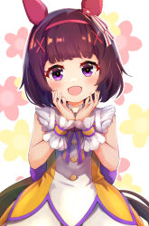 Rule 34 | 1girl, :d, animal ears, blush, brown hair, commentary request, dress, floral background, hair ornament, hairband, hairclip, hands up, highres, horse ears, horse girl, horse tail, looking at viewer, meyamu, nishino flower (umamusume), open mouth, purple eyes, red hairband, short hair, simple background, sleeveless, sleeveless dress, smile, solo, tail, twitter username, umamusume, white background, white dress, wrist cuffs, x hair ornament, yellow dress