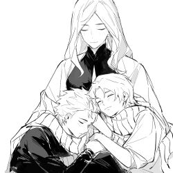 Rule 34 | 1girl, 2boys, absurdres, child, closed eyes, dante (devil may cry), devil may cry (series), eva (devil may cry), highres, mature female, mother and son, multiple boys, scarf, siblings, sleeping, twins, vergil (devil may cry), weibo 5474707894