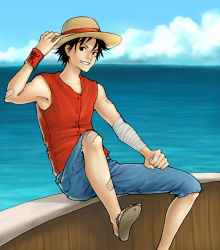 Rule 34 | 1boy, bandages, blue sky, cloud, day, denim, denim shorts, hand on headwear, hat, jolly roger, kuroutadori, looking at viewer, male focus, monkey d. luffy, ocean, one piece, outdoors, pirate, red vest, sandals, ship, shorts, sitting, sky, smile, solo, straw hat, vest, watercraft, wristband