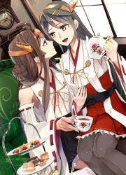 Rule 34 | 10s, 2girls, :d, ahoge, bare shoulders, black hair, black tea, blue eyes, brown hair, cake, camel000, clock, couch, cup, detached sleeves, dutch angle, eye contact, female focus, food, fork, girl on top, hair bun, hair ornament, hair rings, hairclip, haruna (kancolle), headgear, indoors, japanese clothes, kantai collection, kettle, kongou (kancolle), lips, long hair, long sleeves, looking at another, multiple girls, neck, nontraditional miko, open mouth, orange eyes, remodel (kantai collection), ribbon-trimmed sleeves, ribbon trim, siblings, single hair bun, sisters, sitting, sitting on lap, sitting on person, skirt, smile, tea, teacup, thighhighs, tiered tray, wide sleeves, window, yuri