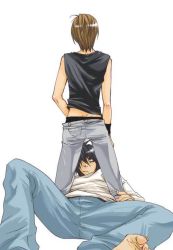Rule 34 | 00s, back, black hair, brown hair, death note, l (death note), lying, yagami light