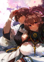 Rule 34 | 2girls, aircraft, bare shoulders, blush, breasts, brown eyes, brown hair, cherry blossoms, flower, hair between eyes, headgear, highres, japanese clothes, kaga (kancolle), kantai collection, large breasts, long hair, looking at viewer, multiple girls, muneate, petals, pink eyes, pink flower, ponytail, signature, smile, sunday aki, upper body, wide sleeves, yamato (kancolle)
