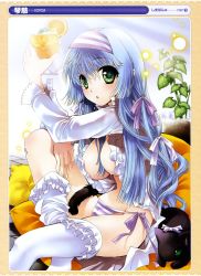 Rule 34 | 1girl, absurdres, blue hair, breasts, cat, dress, drink, food, frilled thighhighs, frills, fruit, green eyes, hair ribbon, hairband, highres, kotoji, large breasts, no bra, open clothes, open shirt, orange (fruit), panties, pillow, plant, purple panties, ribbon, shirt, side-tie panties, sitting, striped clothes, striped panties, thighhighs, underwear, white thighhighs