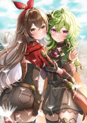 Rule 34 | 2girls, amber (genshin impact), ass, blush, breasts, brown eyes, brown hair, capelet, closed mouth, collei (genshin impact), dress, earrings, from behind, genshin impact, gloves, green hair, hair ribbon, highres, jewelry, long hair, looking at viewer, looking back, medium breasts, multiple girls, nanamo yado, purple eyes, ribbon, short dress, short shorts, shorts, sideboob, smile, thighhighs, very long hair, wavy mouth