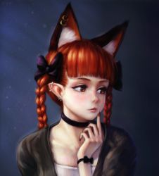 Rule 34 | 1girl, animal ears, blunt bangs, braid, cat ears, choker, collarbone, ear piercing, freckles, hand up, highres, kaenbyou rin, leaning forward, light smile, looking to the side, nail polish, piercing, puffy short sleeves, puffy sleeves, red eyes, red hair, red nails, self-upload, short sleeves, solo, touhou, twin braids, upper body, yyf (seaknight)