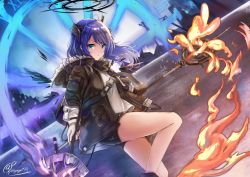 Rule 34 | 1girl, arknights, bare legs, black gloves, black jacket, black shorts, blue eyes, blue hair, feet out of frame, fire, gloves, halo, holding, holding staff, horns, jacket, kouno (uiyoyo199), long hair, long sleeves, looking at viewer, mostima (arknights), open clothes, open jacket, originium arts (arknights), roman numeral, shirt, short shorts, shorts, signature, solo, staff, thighs, white gloves, white shirt