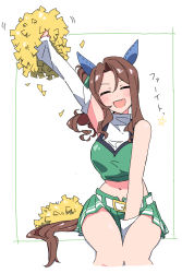 Rule 34 | 1girl, = =, alternate costume, arm up, bare shoulders, belt, between legs, blush, breasts, brown hair, cheerleader, closed mouth, crop top, detached sleeves, durindana 7, facing viewer, feet out of frame, green skirt, hand between legs, highres, holding, holding pom poms, king halo (umamusume), long hair, midriff, miniskirt, motion lines, navel, open mouth, parted bangs, pom pom (cheerleading), pom poms, side ponytail, sitting, skirt, small breasts, smile, solo, umamusume