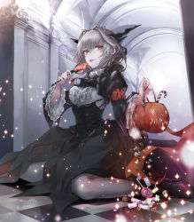 Rule 34 | 1girl, arknights, armband, artist name, ascot, black dress, boots, brown eyes, candy, checkered floor, commentary, corset, dress, eyebrows hidden by hair, food, frills, full body, grey hair, grey pantyhose, hair between eyes, halloween, highres, holding, holding candy, holding food, horns, indoors, jack-o&#039;-lantern, ku99 (kugugu), light particles, long sleeves, looking at viewer, pantyhose, puffy long sleeves, puffy sleeves, pumpkin, reunion logo (arknights), short hair, sitting, solo, talulah (arknights), tongue, tongue out, wide sleeves