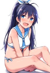 Rule 34 | 1girl, :d, antenna hair, bare arms, bare shoulders, between legs, bikini, blue eyes, blue hair, blush, breasts, cai geng, cleavage, collarbone, earrings, fang, ganaha hibiki, hair ribbon, hoop earrings, idolmaster, idolmaster (classic), jewelry, long hair, looking at viewer, medium breasts, open mouth, ponytail, ribbon, sailor bikini, sailor collar, sailor swimsuit (idolmaster), shadow, simple background, sitting, smile, solo, swimsuit, v-shaped eyebrows, white background, white bikini