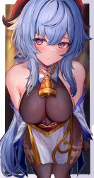 Rule 34 | 1girl, absurdres, arm behind back, bare shoulders, bell, black pantyhose, blue hair, blurry, blurry background, bodystocking, bodysuit, bodysuit under clothes, border, breasts, brown bodysuit, cowbell, cowboy shot, detached collar, detached sleeves, efuri (riarea00), ganyu (genshin impact), genshin impact, goat horns, gradient eyes, highres, horns, large breasts, long hair, looking at viewer, multicolored eyes, neck bell, pantyhose, parted lips, pelvic curtain, sidelocks, solo, standing, thighs, white border