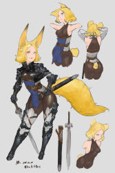 Rule 34 | 1girl, absurdres, animal ears, arm strap, armor, artist name, ass, belt, black capelet, blonde hair, bob cut, bodysuit, boots, breasts, capelet, character sheet, collared capelet, commentary request, concept art, contrapposto, corset, cross-section, dated, fang, fox ears, fox girl, fox tail, full body, gauntlets, greaves, green eyes, grey background, highres, holding, holding sheath, holding sword, holding weapon, looking at viewer, medium breasts, medium hair, multiple views, n9+, open mouth, original, parted bangs, scabbard, sheath, shoulder armor, simple background, sketch, sleeveless, sleeveless bodysuit, smile, standing, sword, tail, thigh boots, thigh strap, thighhighs, unitard, vambraces, weapon, white thighhighs
