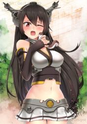 Rule 34 | 10s, 1girl, black hair, blush, breasts, go-it, kantai collection, large breasts, long hair, midriff, nagato (kancolle), navel, one eye closed, open mouth, red eyes, solo, squirrel, watermark