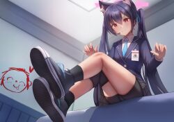 Rule 34 | 1girl, absurdres, animal ear fluff, animal ears, bad id, bad pixiv id, bike shorts, black hair, black socks, blazer, blue archive, blue footwear, blue jacket, blue necktie, blue ribbon, blurry, blurry background, blush, cat ears, closed mouth, collared shirt, commentary request, earpiece, eyelashes, fang, foreshortening, hair ribbon, highres, indoors, jacket, legs, legs together, long hair, long sleeves, microphone, miniskirt, necktie, panties, paw pose, plaid, plaid skirt, pleated skirt, red eyes, ribbon, serika (blue archive), shadow, shirt, shoes, short shorts, shorts, sitting, skirt, sneakers, socks, solo, steaming body, taichi suzuki, thighs, toes, twintails, two-tone gloves, underwear, white shirt