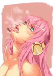 Rule 34 | 1girl, aqua eyes, bad id, bad pixiv id, blue eyes, blush, breasts, cleavage, cum, cum in mouth, cum on hair, cum on tongue, facial, female focus, hair between eyes, headphones, headset, heavy breathing, large breasts, lips, long hair, looking up, megurine luka, neck, nude, open mouth, pink hair, round teeth, solo, teeth, tongue, tongue out, upper body, vocaloid, yuuji (and)