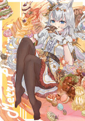 Rule 34 | 1girl, absurdres, ahoge, animal ears, belly chain, black pantyhose, blue eyes, center frills, christmas, commentary, dessert, doughnut, dress, duang (user tsag8258), ear bell, eating, english text, feet, food, food on face, frills, gloves, grey hair, hair ornament, highres, holding, holding food, horse ears, horse girl, horse tail, jacket, jewelry, knees up, legs, long hair, looking at viewer, macaron, merry christmas, no shoes, official alternate costume, oguri cap (miraculous white star) (umamusume), oguri cap (umamusume), pantyhose, short dress, short sleeves, sitting, solo, tail, toes, turkey (food), umamusume, white dress, white gloves, white jacket