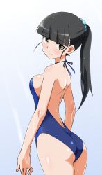 Rule 34 | 1girl, absurdres, alternate costume, ass, bare shoulders, black hair, blunt bangs, blush, breasts, casual one-piece swimsuit, competition swimsuit, cowboy shot, halterneck, highres, long hair, looking at viewer, no eyepatch, one-piece swimsuit, ponytail, sakamoto mio, smile, solo, strike witches, swimsuit, wet, world witches series, yellow eyes, yumekaranigeruna