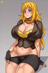 Rule 34 | 1girl, absurdres, blonde hair, breasts, cameltoe, cleavage, cleft of venus, clothes pull, groin, highres, jmg, large breasts, long hair, navel, pulling own clothes, pulling, purple eyes, rwby, shorts, shorts pull, smile, yang xiao long