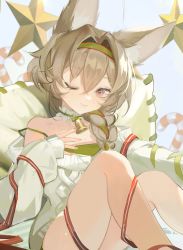 Rule 34 | 1girl, ;), animal ear fluff, animal ears, arknights, beanstalk (arknights), beanstalk (gift uncompleted) (arknights), bell, blush, braid, brown hair, candy, candy cane, closed mouth, couch, dreamsoulfrag, dress, food, green hairband, hair between eyes, hair intakes, hair over shoulder, hairband, hand on own chest, highres, knees up, long hair, long sleeves, looking at viewer, neck bell, neck garter, off-shoulder dress, off-shoulder sweater, off shoulder, official alternate costume, on couch, one eye closed, red eyes, red ribbon, ribbon, single braid, sitting, skindentation, sleeves past wrists, smile, solo, star (symbol), strap slip, sweater, sweater dress, white dress, white sweater