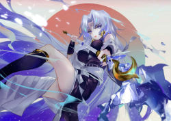 1girl, bangs, bare shoulders, black dress, blue eyes, blue hair, blue nails, boots, breasts, dress, earrings, highres, holding, holding staff, jewelry, knee boots, large breasts, long hair, looking at viewer, nail polish, onmyoji, parted bangs, solo, staff, takiyasha hime, vardan, very long hair