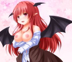 Rule 34 | 1girl, bad id, bad pixiv id, blouse, blush, breasts, breasts out, chro, embodiment of scarlet devil, female focus, head wings, koakuma, large breasts, long hair, nipples, open clothes, open shirt, pink background, pointy ears, red eyes, red hair, shirt, solo, touhou, wings