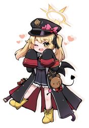 Rule 34 | 1girl, ;d, black bow, black coat, black dress, black hat, blonde hair, bloomers, blue archive, blush, boots, bow, brown eyes, coat, collared shirt, commentary request, crime prevention buzzer, demon tail, dress, full body, hair bow, halo, hands up, hat, hat bow, heart, highres, ibuki (blue archive), kurotofu, long sleeves, looking at viewer, military hat, neck ribbon, one eye closed, open clothes, open coat, open mouth, peaked cap, pinafore dress, pink bow, pleated dress, red ribbon, ribbon, rubber boots, shirt, simple background, sleeveless, sleeveless dress, sleeves past fingers, sleeves past wrists, smile, solo, standing, standing on one leg, stuffed animal, stuffed toy, tail, teddy bear, twintails, underwear, white background, white bloomers, white shirt, yellow footwear