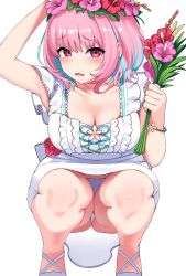 Rule 34 | 1girl, ahoge, blue hair, blush, breasts, dress, fang, flower, flower wreath, highres, holding, holding flower, idolmaster, idolmaster cinderella girls, large breasts, looking at viewer, multicolored hair, ndgd, open mouth, panties, pink eyes, pink hair, sandals, short hair, solo, squatting, two-tone hair, underwear, white dress, white panties, yumemi riamu