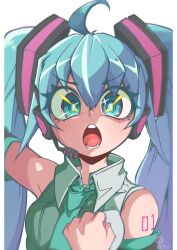 Rule 34 | 1girl, absurdres, ahoge, aqua necktie, bare shoulders, black sleeves, blue eyes, blue hair, breasts, collared shirt, crossed bangs, detached sleeves, eyelashes, eyes visible through hair, grey shirt, hair between eyes, hand on own chest, hand up, hatsune miku, headphones, highres, long hair, looking at viewer, microphone, necktie, number tattoo, open mouth, sakumochi (pixiv4431677), shirt, shoulder tattoo, simple background, small breasts, solo, tattoo, teeth, twintails, v-shaped eyebrows, vocaloid, white background