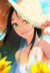 Rule 34 | 1girl, bare shoulders, black hair, blurry, blurry foreground, breasts, cleavage, collarbone, commentary request, dappled sunlight, day, depth of field, dress, fingernails, flower, green eyes, hand up, hat, large breasts, light particles, long hair, looking at viewer, on (onon2659), original, outdoors, parted lips, sky, smile, solo, straw hat, summer, sunlight, upper body, very long hair, white dress, yellow flower