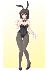 Rule 34 | 1girl, alternate costume, animal ears, bare shoulders, black hair, black pantyhose, blush, bow, bowtie, breasts, cleavage, detached collar, female focus, fishnet pantyhose, fishnets, full body, high heels, isaki (gomi), large breasts, leotard, looking at viewer, pantyhose, playboy bunny, rabbit ears, red eyes, shameimaru aya, short hair, simple background, smile, solo, touhou, wrist cuffs