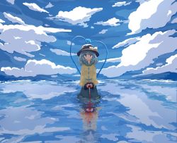 Rule 34 | 1girl, absurdres, black hat, blouse, cloud, cloudy sky, commentary request, day, eyeball, hat, highres, ichinose (kurui96), komeiji koishi, outdoors, partially submerged, reflection, shirt, sky, solo, standing, third eye, touhou, water, yellow shirt