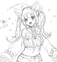 Rule 34 | animal ears, blush, cat ears, collar, destiny child, headband, long sleeves, looking at viewer, monochrome, navel, pakhet (destiny child), smile, twintails, yonaka