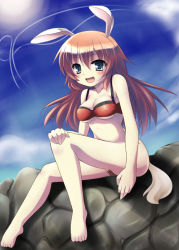 Rule 34 | 00s, 1girl, animal ears, barefoot, bikini, blush, breasts, charlotte e. yeager, covered erect nipples, day, medium breasts, rabbit ears, rabbit girl, sitting, solo, strike witches, swimsuit, tekehiro, world witches series