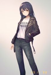 Rule 34 | 1girl, absurdres, arm at side, belt, belt buckle, black hair, black jacket, black pants, bosumonki, breasts, buckle, closed mouth, clothes writing, commentary, english commentary, feet out of frame, gradient background, hair ornament, hand in pocket, highres, huge filesize, jacket, legs apart, long hair, long sleeves, looking at viewer, open clothes, open jacket, original, pants, shirt, sidelocks, sleeves past wrists, small breasts, smile, solo, standing, white background, white shirt, wing collar, yellow eyes
